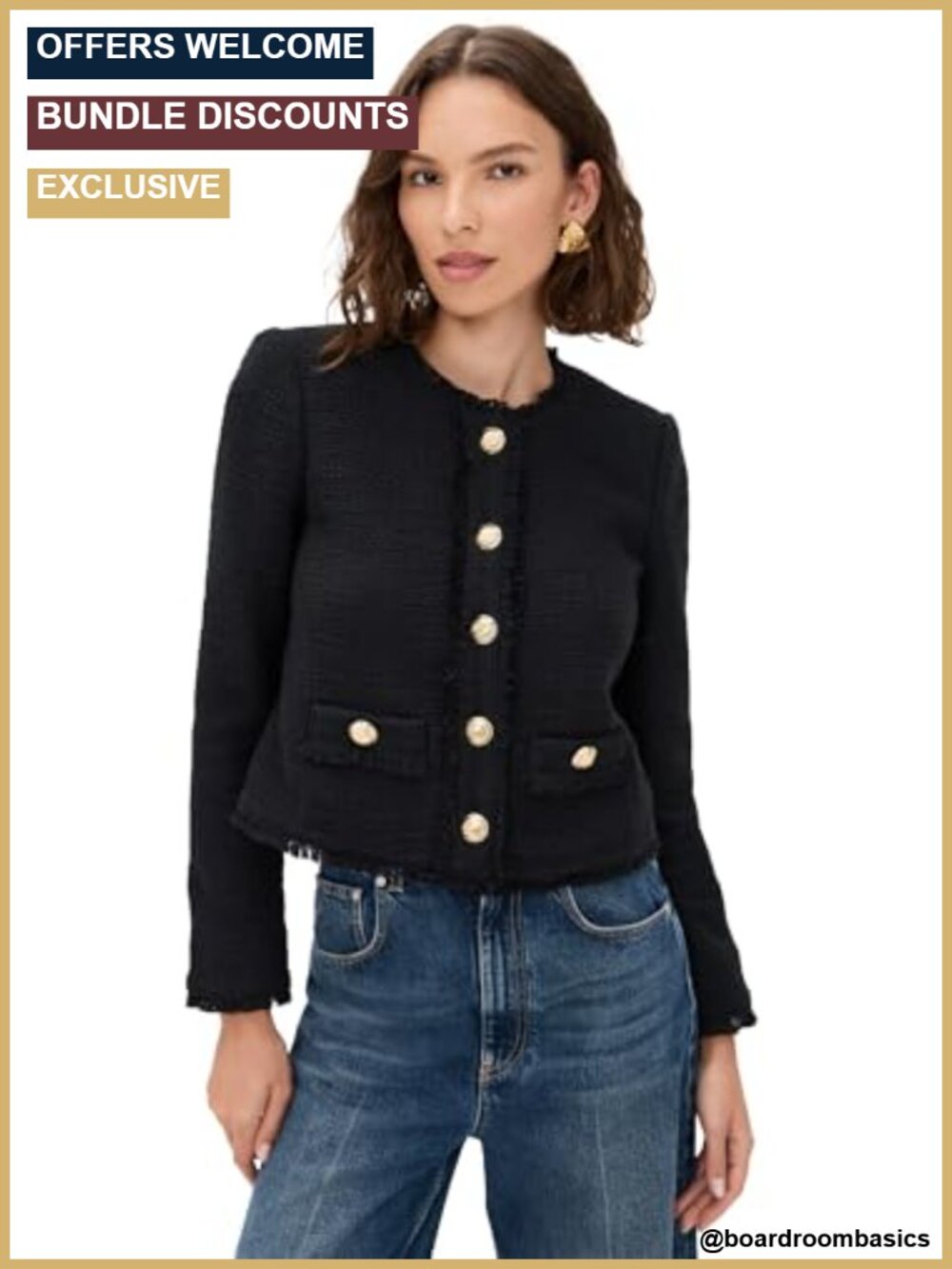 Women's Fitted Tweed Jacket with Gold-Tone Hardware Long Sleeve